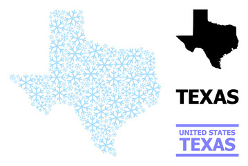 Vector mosaic map of Texas State organized for New Year, Christmas celebration, and winter. Mosaic map of Texas State is shaped from light blue snow elements.