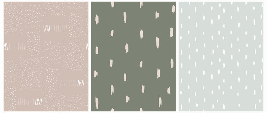 Fototapeta Funny Abstract Geometric Seamless Vector Patterns Set. Simple Doodle Print ideal for Fabric, Textile. Irregular Spots and Lines on a Dark Green, Pastel Mint Blue and Light Brown Background.