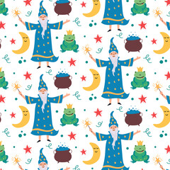 Magic pattern wizard toad moon potion. Children's wallpaper for nursery decor. Modern flat vector seamless illustration