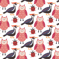 Pattern forest animals owl woodpecker ladybug. Children wallpaper for nursery decor. Modern flat vector seamless illustration