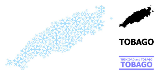 Vector collage map of Tobago Island constructed for New Year, Christmas celebration, and winter. Mosaic map of Tobago Island is constructed from light blue snow items.