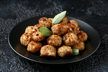 Pork stuffing meatballs with sage and onion in a black plate