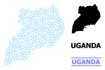 Obraz premium Vector composition map of Uganda done for New Year, Christmas celebration, and winter. Mosaic map of Uganda is done from light blue snow flakes. Design template for patriotic and New Year projects.