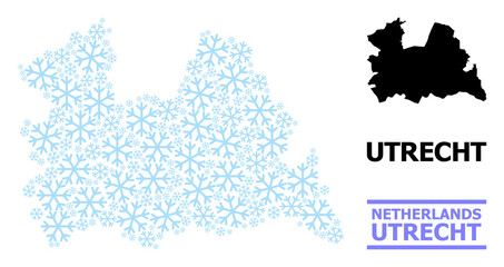 Vector collage map of Utrecht Province combined for New Year, Christmas celebration, and winter. Mosaic map of Utrecht Province is organized of light blue snow elements.