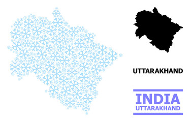 Vector mosaic map of Uttarakhand State created for New Year, Christmas celebration, and winter. Mosaic map of Uttarakhand State is created with light blue ice crystals.