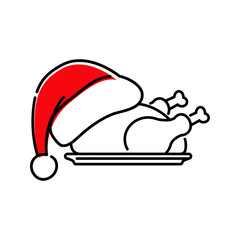 Cena de navidad. Logotipo con pavo o pollo asado con gorro de Papá Noel en lineas con color rojo - obrazy, fototapety, plakaty