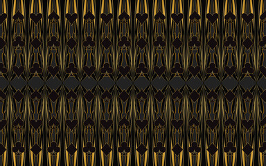Pattern of symbols of card suit - clubs, tambourines, spades, hearts with a golden outline. Vector graphics on an original geometric background with golden lines for design and decoration.