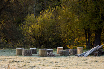 Small stumps placed near the house. A place for fun in mountains.