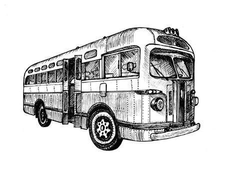 Hand Drawn Vintage Retro City Bus, Doodle Sketch Graphics Monochrome Illustration On White Background (originals, No Tracing)