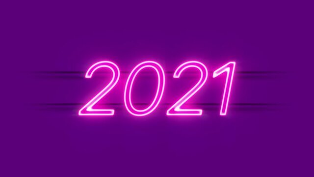 2021 neon sign appear on violet background. Loop animation of retro neon sign.