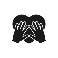 Heart black with hands silhouette icon. Voluntary symbol illustration. Vector isolated on white background.