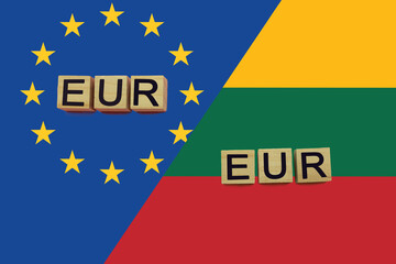 United Europe and Lithuania currencies codes on national flags background