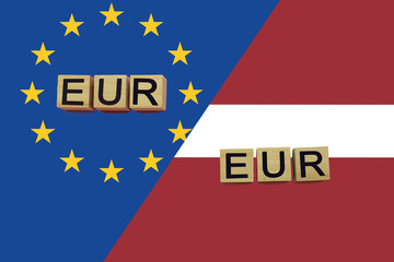 United Europe and Latvia currencies codes on national flags background