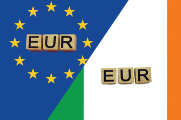 United Europe and Ireland currencies codes on national flags background