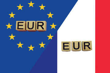 United Europe and France currencies codes on national flags background