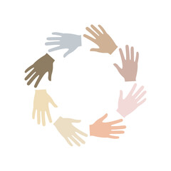 Multicultural friendship symbol. Multiracial hands together in round shape. Global unity business concept. Vector illustration isolated on white background.