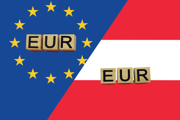 United Europe and Austria currencies codes on national flags background