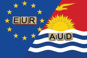 United Europe and Kiribati currencies codes on national flags background
