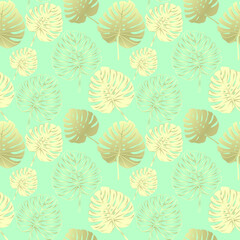 Seamless golden monstera leaf pattern. Tropical design background green color, trendy print, fabric, wallpaper, packaging in vector