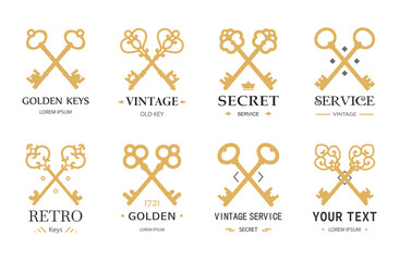 Gold retro keys. Different crossed keys silhouettes with typography. Vintage vector emblems.