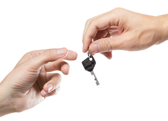 Hands giving and taking a key, isolated on white background