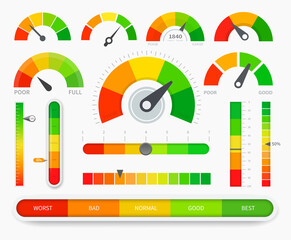 Credit score indicators. Good and Bad meter. Credit rating history report. Limit indicators with color levels from poor to good. Vector illustration.