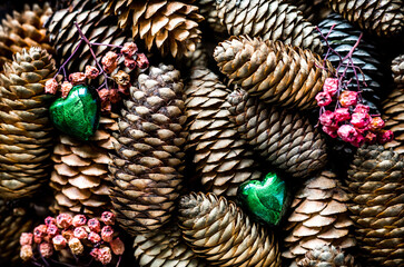 texture of pine cones still life with pine cones and rowan. winter still life with pine cones,...