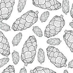 Monochrome outlines isolated cones on a white background. Vector seamless pattern. Design for cloth, card, print, wrapping.