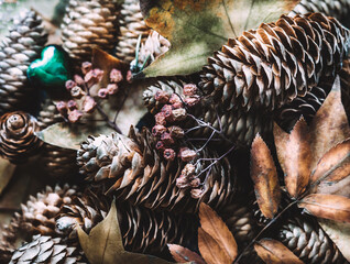 pine cones and glass decorations. autumn still life with glass heart, yellow leaves and pine cones. green heart on a background of yellow and green leaves and dried rowan berries