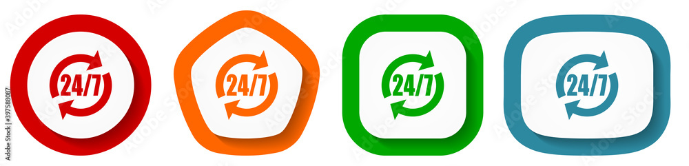 Poster Service vector icon set, 24/7 flat design vector illustration in 4 colors options for webdesign and mobile applications