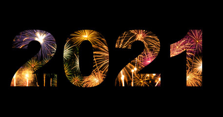 New year celebration fireworks on text 2021 for new year's event for new year's event