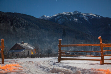 Winter night photography camping in the mountains and Western Caucasus.