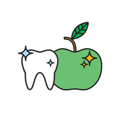 Healthy tooth with green apple. Dental care logo. Vector outline illustration.
