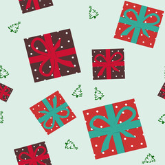 Gifts on a light green background. New Year, Christmas. Seamless pattern. Vector illustration