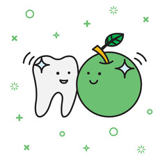 Healthy tooth with green apple. Dental care logo. Vector outline illustration.