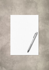 Blank White A4 paper sheet and pen mockup template on concrete background
