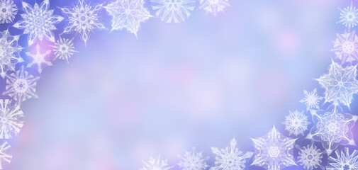 Christmas card with white snowflakes and blue background. Colored background with bokeh.