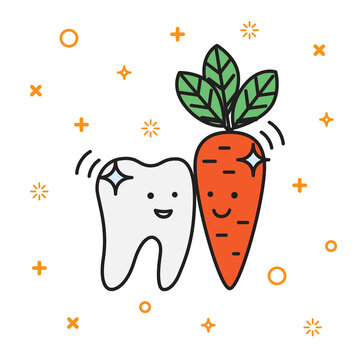 Healthy tooth with carrot. Dental care logo. Vector outline illustration.