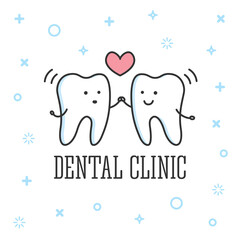 Lovely teeth with smiles. Dental care logo. Vector outline illustration. Design element.