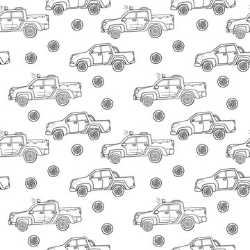 Abstract seamless cars pattern for boy on white background. Childish style wheel auto repeated backdrop. pickup sportcar