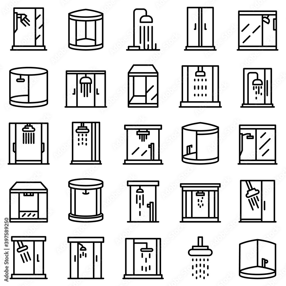 Poster shower stall icons set. outline set of shower stall vector icons for web design isolated on white ba