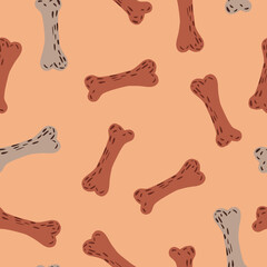 Random seamless dog animal pattern with bones orange and grey elements. Beige background.