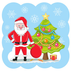 Vector illustration of Santa Claus, gifts and Christmas tree.