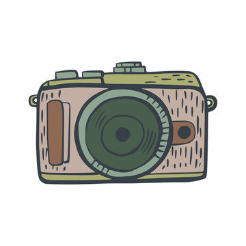 Retro camera isolated with big lens on white background. Classic hand drawn illustration camera.