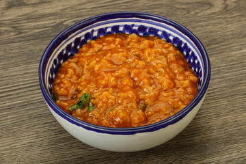 Traditional Georgian Kharcho soup with meat