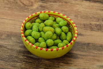 Spicy wasabi peanuts in the bowl
