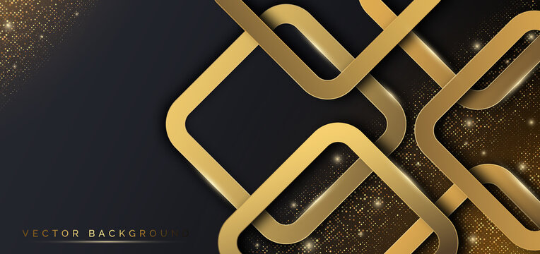 Abstract template gold square geometric overlapping with golden line  decoration glitter dot on dark background. Luxury style.