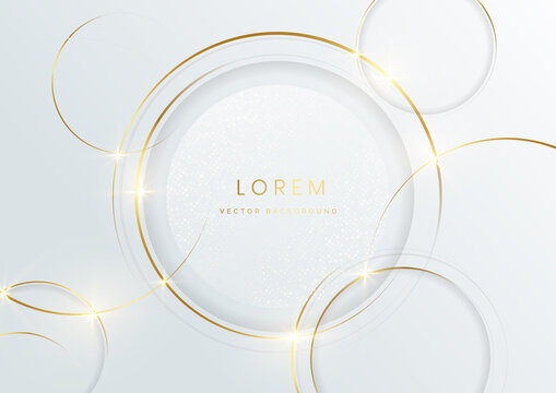 Abstract Gold Circles Lines Overlapping On White Background.