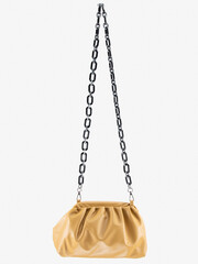 women handbag hanging against white background. Beautiful luxurious bright beige leather handbag front view, without shadow on white background
Handbag isolated hangs on black chains