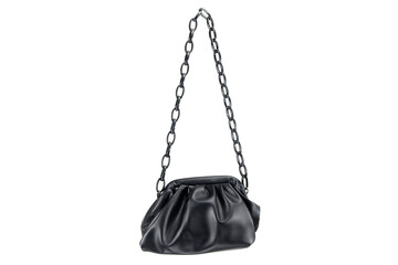 women handbag hanging against white background. Beautiful luxurious bright black leather handbag front view, without shadow on white background
Handbag isolated hangs on black chains